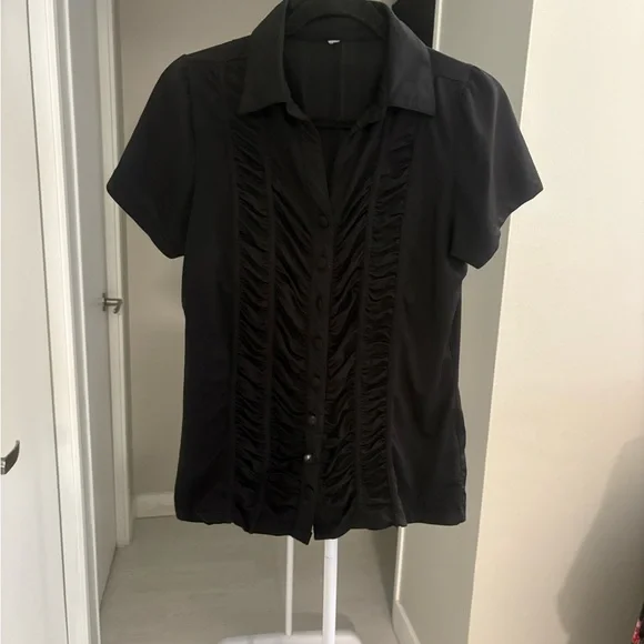 Black Ruffled Button-Front Women’s Top - Picture 2 of 2